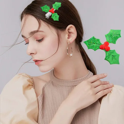 Miniatura 4 de Honbay 100 piezas de hojas de acebo brillantes de Navidad, pequeñas hojas verdes de acebo y bayas rojas, apliques de confeti, adornos de tela láser