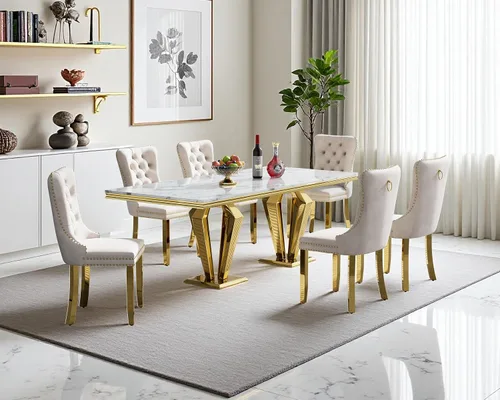 Miniatura 45 de Juego de mesa de comedor de mármol sintético, 7 piezas, juego de mesa de cocina y comedor para 6, mesa de comedor rectangular blanca de 70 pulgadas