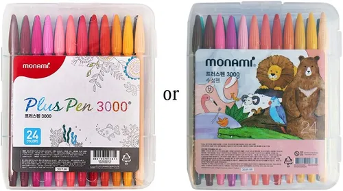 MONAMI Plus Pen 3000 bolígrafos de punta de fieltro, punta fina (0.016 in), para colorear, dibujar/diario, colores surtidos, paquete de 24