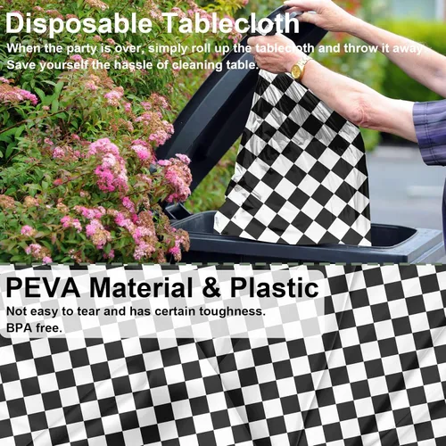 Miniatura 5 de Paquete de 2 manteles de plástico a cuadros en blanco y negro para fiestas, desechables de 54 x 108 pulgadas, mantel rectangular con bandera a