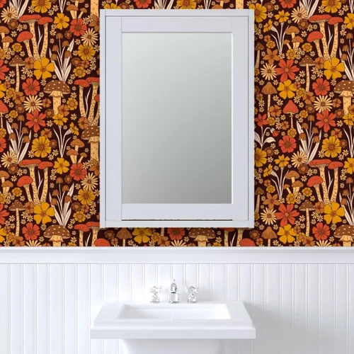 Miniatura 9 de Spoonflower Papel tapiz de despegar y pegar - flor de estilo vintage, retro floral, hippie de los años 70, hongo de los años 70, marrón naranja
