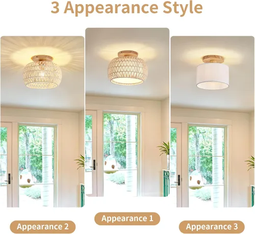 Miniatura 2 de Lámpara de techo de ratán bohemio, 3 opciones de estilo, luces de techo de mimbre semiempotradas, accesorios de luz costera beige, candelabro