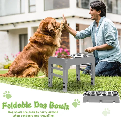 Miniatura 7 de Soporte elevado para cuenco para perros con 2 cuencos de acero inoxidable, altura ajustable para perros medianos y grandes, comedero plegable de Gris