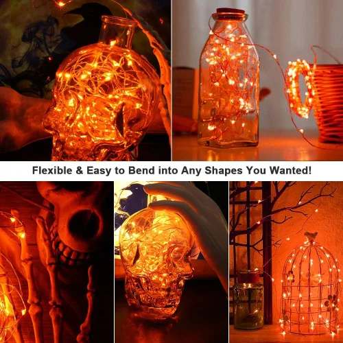 Miniatura 4 de BrizLabs Luces naranjas de Halloween, paquete de 4 luces LED de 19.47 pies, 60 luces LED naranjas, 2 modos de batería, cadena de luces de Halloween