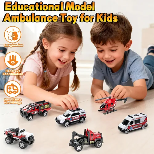 Miniatura 2 de Juego de 6 vehículos de rescate de emergencia fundidos a presión en miniatura, juguetes de ambulancia, helicópteros para niños pequeños de 1, 2