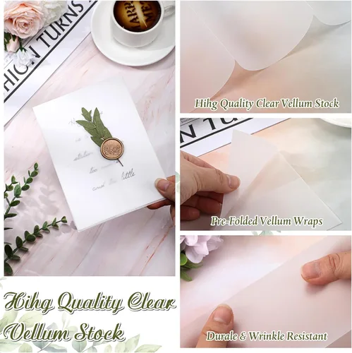 Miniatura 3 de Tigeen El juego de 100 envolturas de invitaciones incluye chaquetas de vellum preplegadas para invitaciones de 5 x 7 pulgadas, hojas de eucalipto