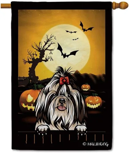 Miniatura 38 de Bandera de jardín de calabaza de Feliz Halloween Jack O'Lantern con perro Rhodesian Ridgeback Halloween Bat Boo Bandera decorativa para patio al