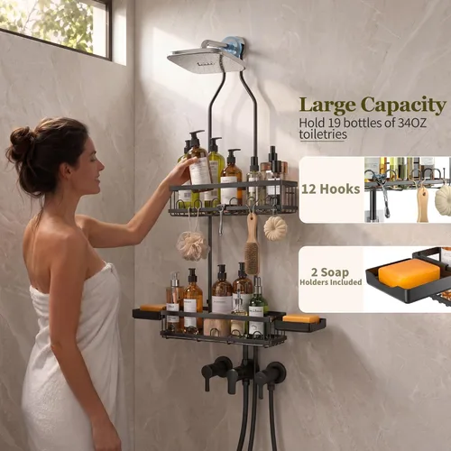 Miniatura 5 de Skyapex Organizador de Ducha Colgante: Organizador de Altura Ajustable para Sobre el Cabezal de Ducha - Estantes de Ducha Negros a Prueba de Óxido
