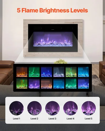 Miniatura 3 de VEVOR Chimenea eléctrica de 42 pulgadas, chimenea empotrada en la pared con control remoto, temporizador, 1500 W, brillo de color de llama
