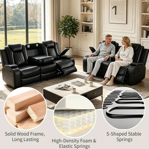 Miniatura 6 de Juego de sofá reclinable de cuero eléctrico con LED, juego de sala de estar de cuero, juego de sofá reclinable con puerto USB/soporte