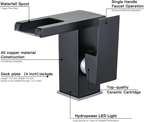 Miniatura 6 de Grifo de baño con luz LED RGB, boquilla de cascada, color negro, 3 colores cambiantes, mango de un agujero, conjunto de drenaje a juego