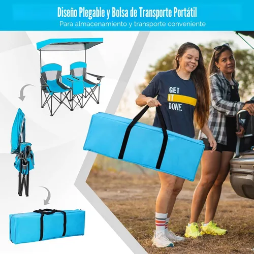 Miniatura 6 de Safstar Silla doble de campamento y playa plegable con toldo para sombra para 2 personas, con mesa pequeña para bebidas y bolsa de transporte