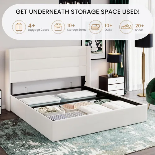 Miniatura 3 de SHA CERLIN Cama de Almacenamiento Elevable Tamaño King/Tapizada en Terciopelo/Cabecera Moderna con Respaldo de Ala/Marco de Cama Plataforma Blanco
