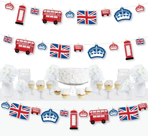 Big Dot of Happiness Cheerio, Londres – Decoración de bricolaje para fiestas británicas del Reino Unido, guirnalda de pinzas para la ropa, 44 piezas
