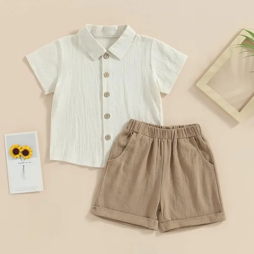 Miniatura 2 de Karuedoo Conjunto de 2 piezas de ropa de algodón y lino de manga corta con botones y pantalones cortos para el verano
