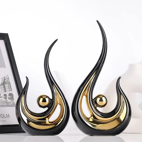 Miniatura 4 de XMGZQ 2 piezas Estatua de Arte Abstracto Moderno en Negro y Oro para Decoración de Mesa, Elegante Estatua de Cerámica para Acento de Decoración