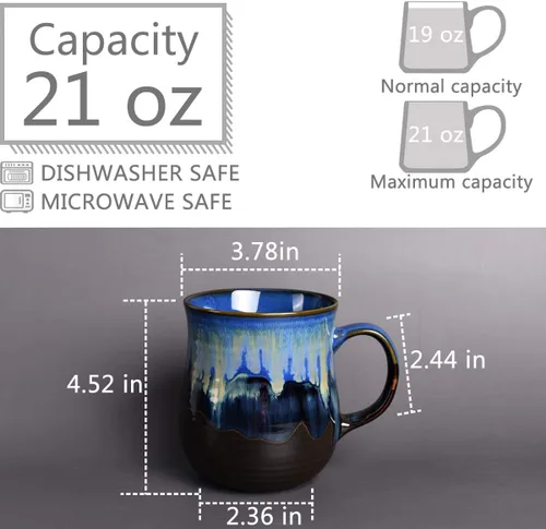 Miniatura 2 de Bosmarlin Taza de café grande de cerámica, taza de té azul grande para oficina y hogar, 21 onzas, apta para lavavajillas y microondas, 1 unidad Azul