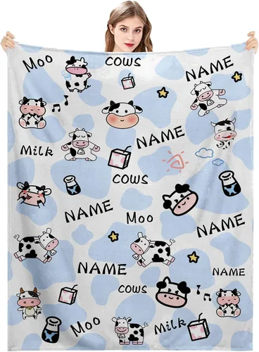 Miniatura 2 de Manta personalizada con estampado de vaca con nombre, texto personalizado, manta de vaca suave, cálida y acogedora manta de franela con estampado