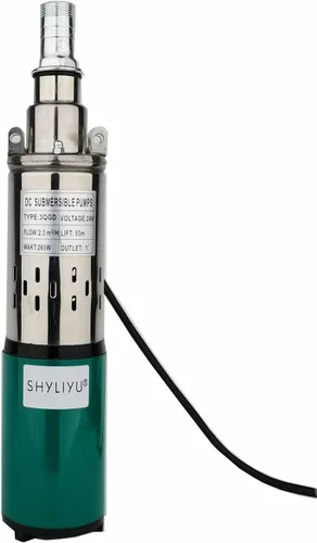 Bomba de pozo sumergible solar DC 24V 260W Pozo profundo 3 "Tubo de acero inoxidable Tornillo 2300L/H Salida de 1 pulgada de elevación alta 53M para