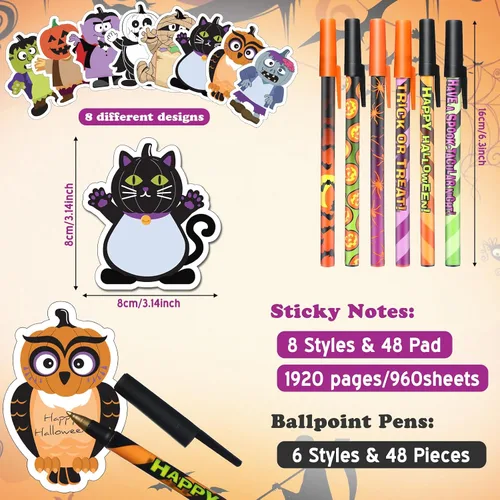 Miniatura 2 de Pajean 960 Sheets Halloween Sticky Notes Set 48 Pcs Pumpkin Owl Funny Ballpoint Pens with 48 Pad Sticky Notepad for Halloween Party Favor Gift