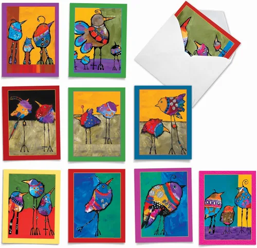 The Best Card Company - Juego de 10 tarjetas de agradecimiento con sobres de 4 x 5.12 pulgadas, gratitud animal emplumada - Pájaros bohemios M2319