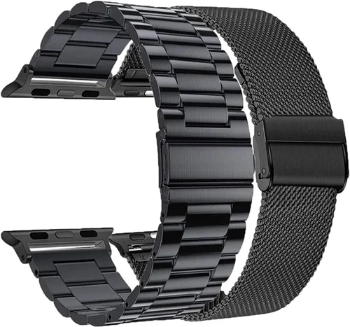 Miniatura 3 de Paquete de 2 correas de metal compatibles con Apple Watch Band 38/40/41/42/44/45/46/1.929 in, acero inoxidable y malla milanesa para iWatch Band