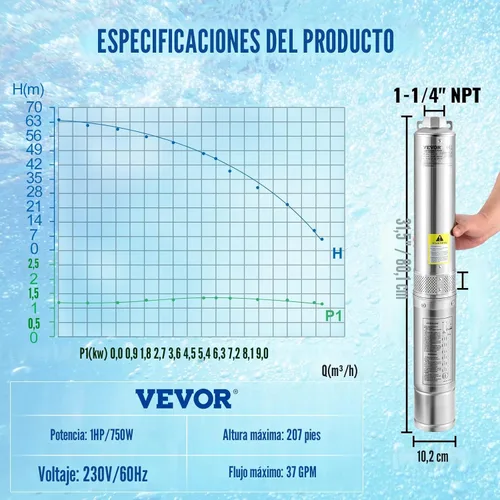 Miniatura 7 de VEVOR - Bomba sumergible de acero inox. de 4 pulg para pozo profundo, 1HP 230V/60Hz, flujo de 37 GPM, cabezal de 207 pies, cable eléctrico de 33