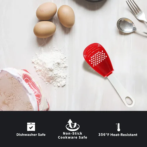 Miniatura 5 de 6 en 1 aparatos de cocina multifuncionales, 356°F resistentes al calor, separador de huevos, cocina, drenaje, puré, rejilla, cuchara de cocina roja