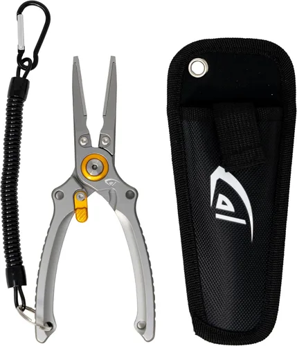 danco Cortador de pesca central de aluminio de 7.5 "con funda, línea de pesca y cortador de alambre, seguro para agua salada, pesca de agua