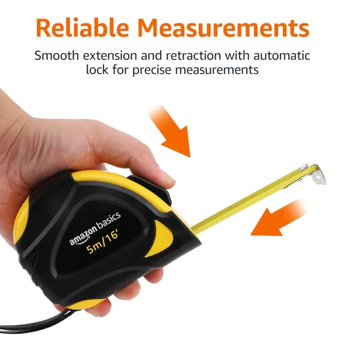 Miniatura 3 de Amazon Basics - Cinta métrica autobloqueante, precisión MID, 16 pies (5 m), Negro, Amarillo