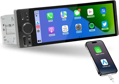 Estéreo CarPlay de un solo DIN: Radio de coche con pantalla táctil automática Android para vehículos clásicos - Pantalla IPS de 6.5 pulgadas
