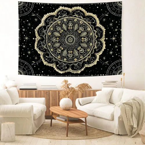 Miniatura 5 de Delur Tapiz de mandala negro y dorado, astrología, espacio, hippie bohemio, medallón floral, tapiz para colgar en la pared, estético, cabecero