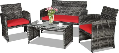 Miniatura 10 de Goplus Juego de muebles de ratán de 4 piezas, sofá de conversación de mimbre para exteriores con cojines resistentes a la intemperie y mesa de Negro