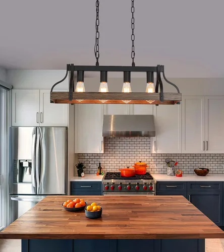 Miniatura 5 de MEIXISUE Lámpara rústica para isla de cocina, comedor, candelabro lineal estilo granja, acabado negro y madera retro, 4 luces, lámpara colgante