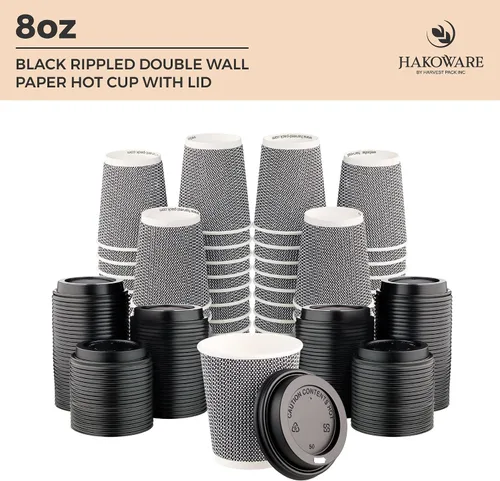 Miniatura 7 de Harvest Pack - Paquete de 100 tazas de café aisladas de 8 onzas con tapas, tazas calientes de papel ondulado de doble pared, diseño geométrico Negro