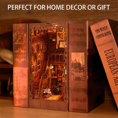 Miniatura 3 de Kit de rincón de libros en miniatura para bricolaje, biblioteca de sueños académicos con luz LED, rompecabezas de diorama de sujetalibros de madera