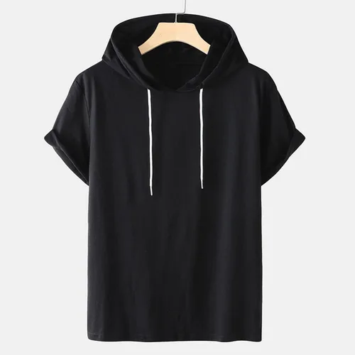 Miniatura 2 de Mens Cotton T Shirts Short Sleeve Solid Color Hooded Pullover Tops Casual Stylish Regular-Fit Sport Summer Shirt #01 negro
