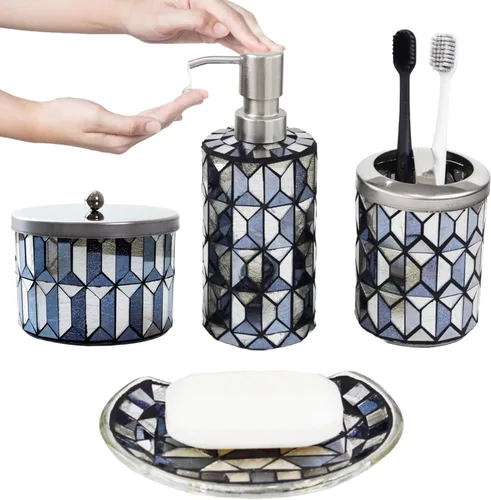 Miniatura 12 de Escenzy - Elegantes conjunto de accesorios de baño verde 4 piezas Lujoso dispensador de jabón de vidrio, soporte para cepillo de dientes, frasco