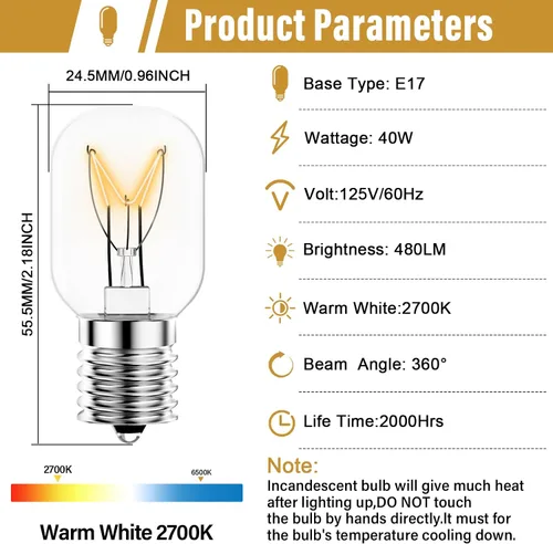 Miniatura 4 de Bombilla para horno microondas Whirlpool, compatible con Whirlpool Maytag GE Amana Over The Range Hood Microondas, base regulable 125V 40W E17, luz