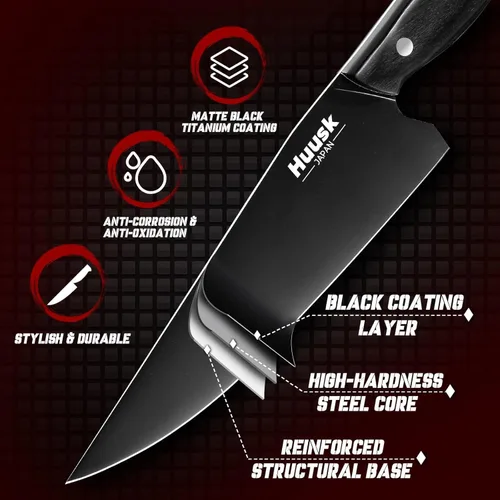 Miniatura 4 de Huusk Cuchillo de chef japonés para cocina, cuchillo de cocina de acero inoxidable de 8 pulgadas con revestimiento de titanio negro, cuchillos