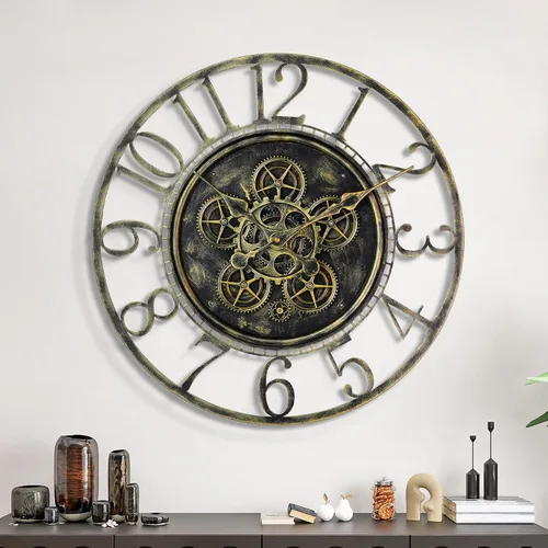 Maxstar Reloj de Pared Grande con Engranajes en Movimiento para Decoración de Sala de Estar, Steampunk Industrial Vintage, Reloj de Pared de Metal