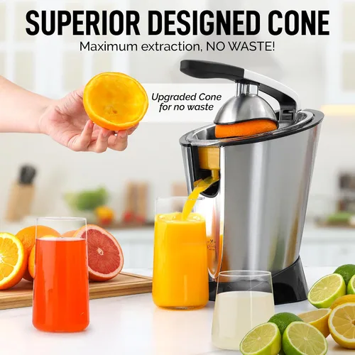 Miniatura 6 de Exprimidor Eléctrico de Cítricos Zulay - Hace Jugo Fresco de Naranja, Limón, Pomelo, Lima - Acero Inoxidable, 160W Potente y Silencioso, Conos Lux