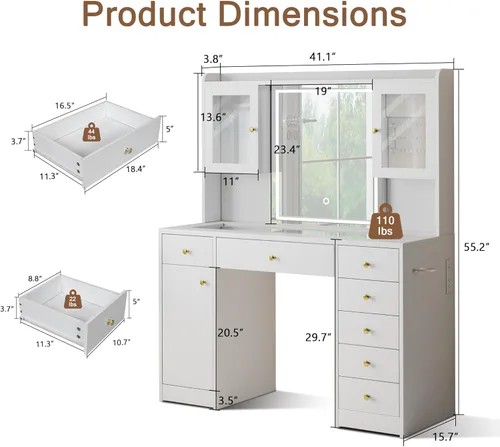 Miniatura 6 de Einhomn Escritorio de tocador de maquillaje con espejo y luces LED, mesa de tocador grande con parte superior de cristal con 7 cajones y 3