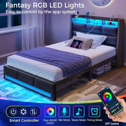 Miniatura 3 de Rolanstar Marco de cama tamaño twin con luces LED y estación de carga, cabecera de almacenamiento de cuero PU y cajones, listones de madera Negro