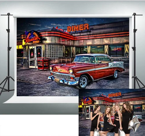 Fondo de comedor Rock Roll de los años 50 de los años 50, telón de fondo vintage para automóvil, nostalgia retro, fondo de fotografía, 7 x 5 pies,