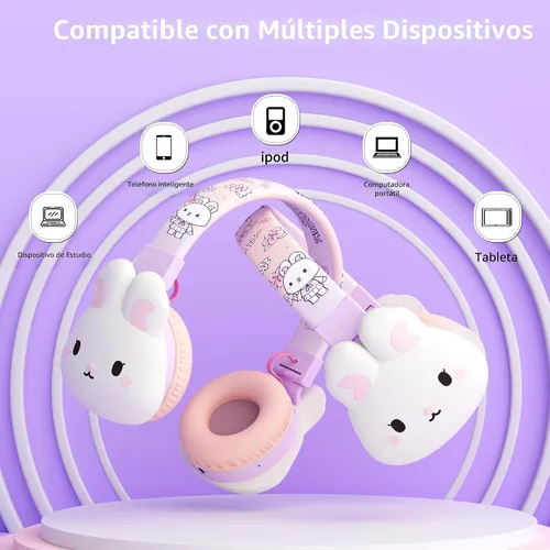 Miniatura 8 de Auriculares Bluetooth para niños, límite de volumen de 85 dB, ultra suaves sobre la oreja, micrófono incorporado, plegables, diseño de animales