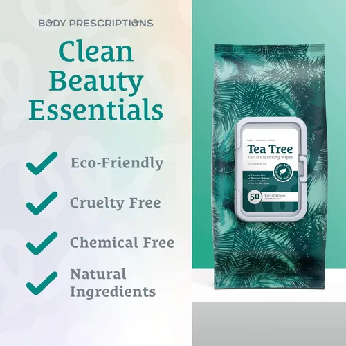 Miniatura 6 de Body Prescription Toallitas limpiadoras de maquillaje, toallitas faciales suaves y efectivas, 50 unidades (paquete de 2), árbol de té