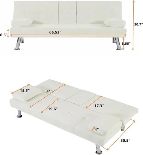 Miniatura 2 de Sofá cama futón tapizado de lino 100% tela con 2 portavasos/patas/reposabrazos extraíbles, sofá cama convertible moderno, sofá biplaza tapizado