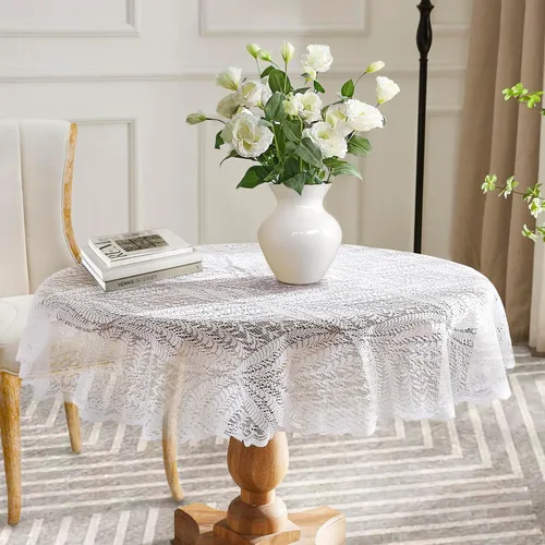 Miniatura 10 de Warm Home Designs Mantel de encaje dorado de lino, mantel redondo pequeño de 48 pulgadas de diámetro. Mantel floral, superposición rústica o mantel