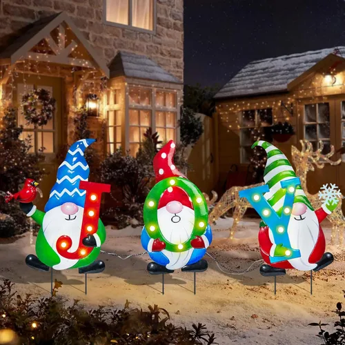 Afirst Estacas de metal para patio de Navidad, decoración de patio al aire libre, gnomos que sostienen alegría, estacas de metal iluminadas, estaca